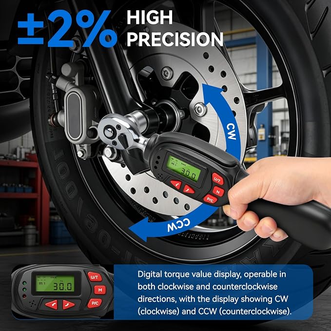 DISEN 1/4 inch Digital Torque Wrench Set with 13pcs Sockets & Extension Bar, 5-25 N.m / 3.7-18.4 Ft.lb, ±2% Accuracy, 3 Modes (Track/Peak/Pre), 5 Units, LED & Buzzer, for Auto Motorcycle Bike DIY