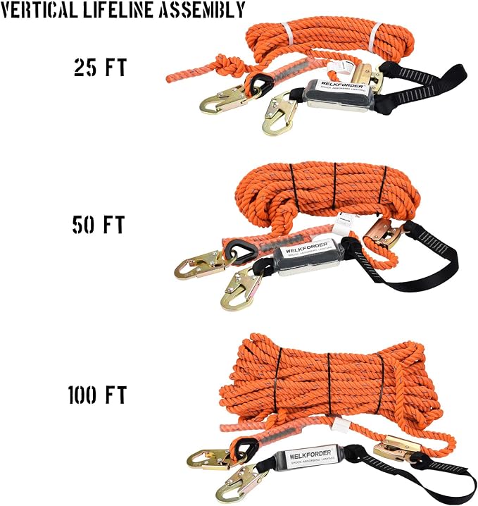 25FT Vertical Lifeline Assemble Three Strand Rope Fall Protection with Rope Grab Snap Hooks Shock Absorber Fall Protection Safety Equipment ANSI Compliant