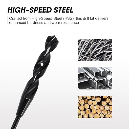 36" High-Speed Steel Installer Drill Bit for Pulling Wires & Drilling Nails in Walls, Ceilings, Sidewalks, 1/2" Cutting Head, 118° Split Point, 3/16" 3-Flat Shank for Wood, with Storage Tube