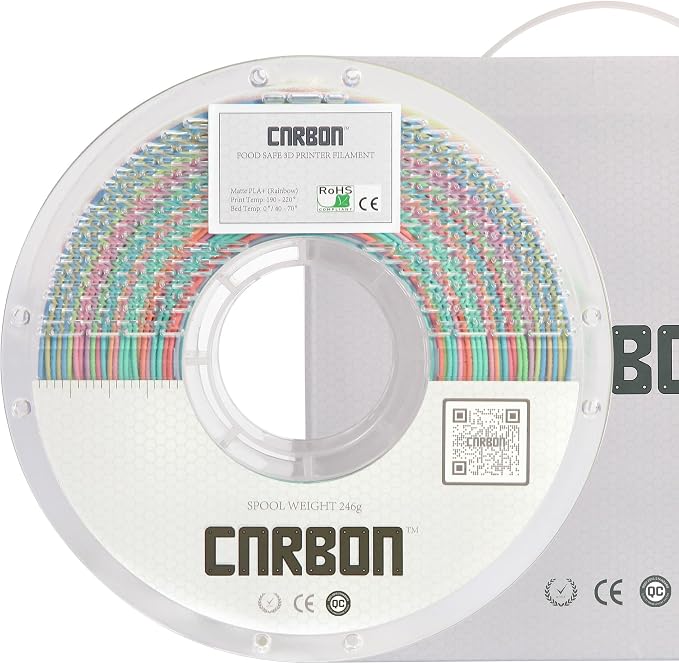 Certified Food Grade Matte Pastel PLA+ 3D Printer Filament - CARBON by Comfy Materials - Lab Tested FDA Compliant Food Safe, 1.75mm, 1kg, Accuracy: +/- 0.02 (Rainbow)