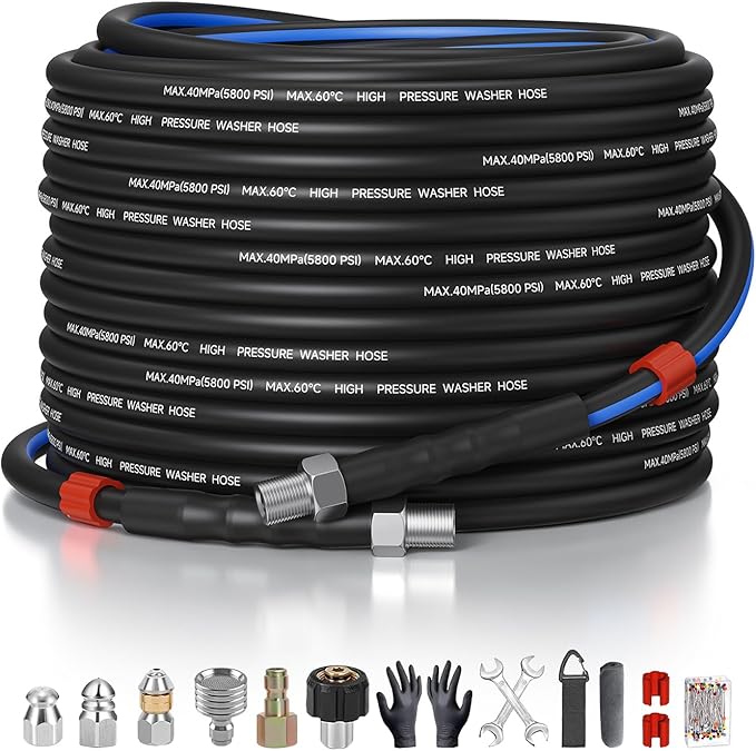 Sewer Jetter Kit for Pressure Washer 50ft – 5800PSI Drain Jetter Hose 1/4 Inch NPT Corner with Watering Spray Nozzle, Rotating and Button Hose Sewer Jetting Nozzles & Easy-to-Store Strap