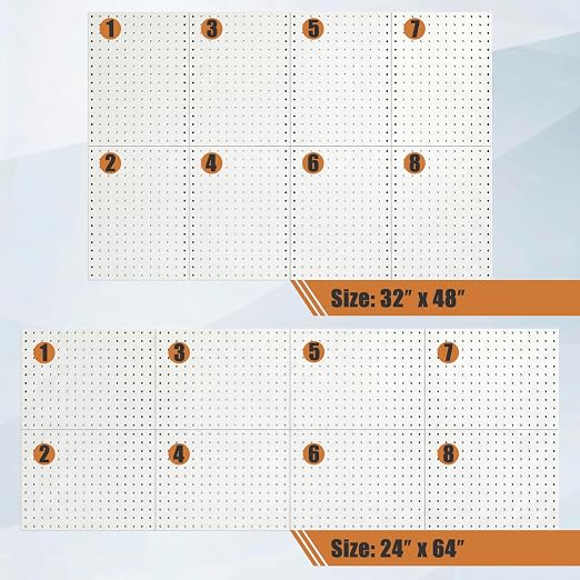 PBHEPJ 8 Pcs Metal Pegboard Panels, Heavy Duty Peg Boards for Garage and Garden Tool Storage, Includes Drywall Anchors and Screws Kits, White (8 pcs 16in x 12in)