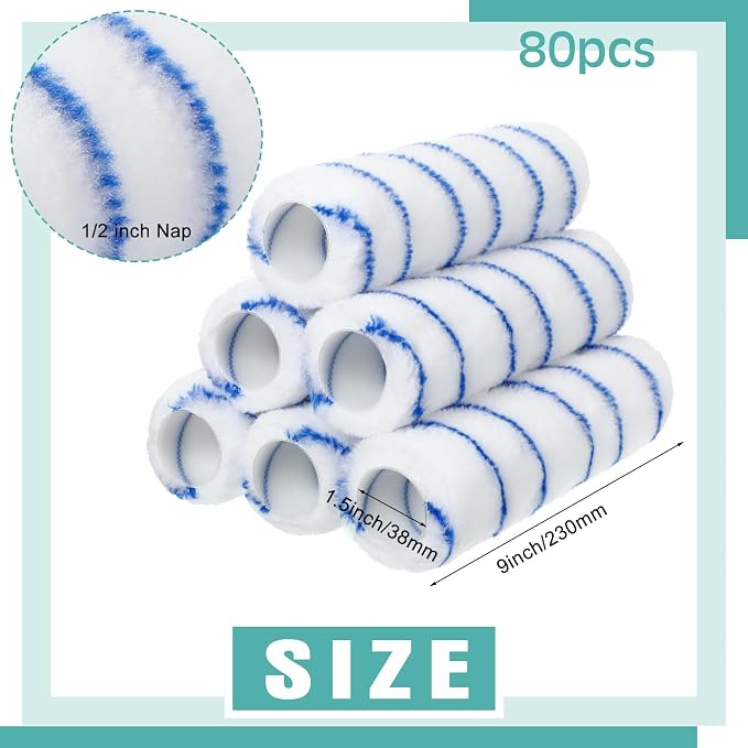 Leumoi 80 Pieces 9 Inch Paint Roller Covers 1/2 x 9 Inch Microfiber Paint Brush Roller Kit Naps House Painting Supplies for Wall House Home Repair Tools(Blue Stripe)