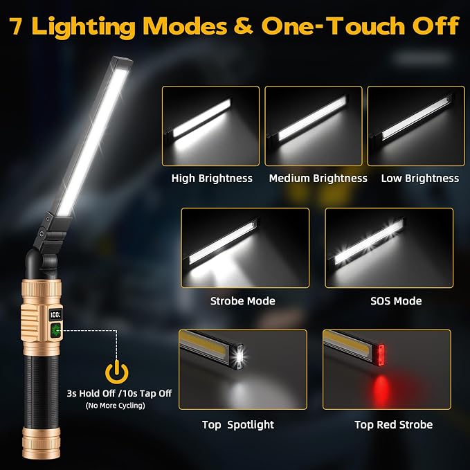 LNRYY Rechargeable Magnetic LED Work Light/Flashlight for Mechanics | All Aluminum, 1500 High Lumens, Digital Display, 360° Rotation, 7 Modes, for Car Repairing, Workshop, Gifts for Father