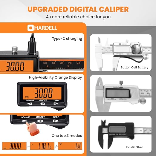 HARDELL Calipers 8", Rechargeable Digital Caliper with Large Orange Screen (Non-Backlit), Stainless Steel Auto-Off Micrometer, Inch/mm/Fraction for DIY/Household/3D Printing