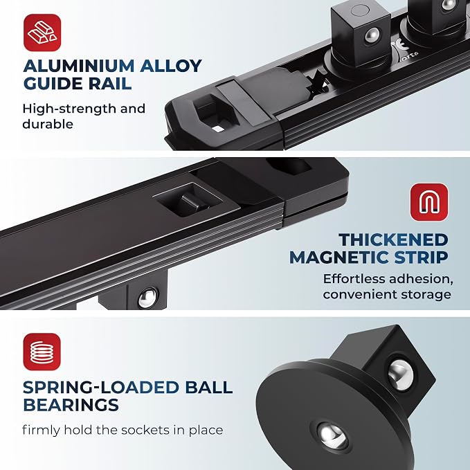 Reniteco Magnetic Socket Organizer, 1/2" Drive Aluminum Alloy Socket Rail, Heavy Duty Magnetic Socket Holder with 12PC 360° Swivel Removable Clips, Magnetic Socket Rack for Tool Box Drawer, Black