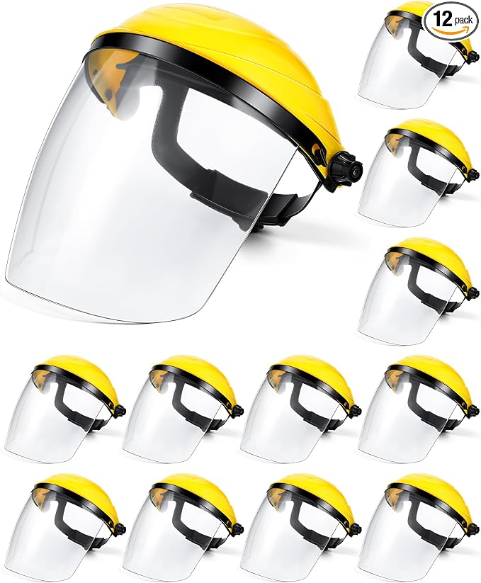 Tellegloww 12 Pack Safety Face Shield for Grinding and Cutting, Full Impact Resistant Face Shield Mask for Work Chemical Woodworking (Yellow)