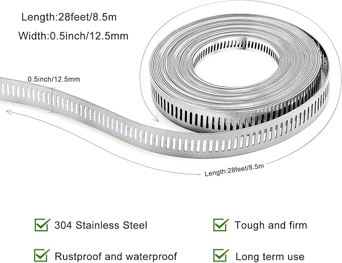 Hose Clamps, DIY 28 FT Metal Strap + 12 Fasteners, Hose Clamps Stainless Steel, Large Adjustable Hose Clamp Pipe Clamp for Pipe Automotive Mechanical Applications