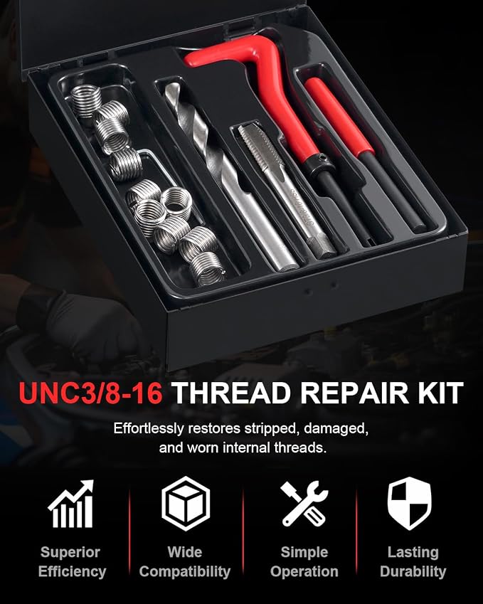 Kolvoii 3/8"-16 Helicoil Thread Repair Kit, SAE UNC 3/8 Inch Standard Helicoil kit with HSS Drill Bit, Tap & Stainless Steel Inserts for Machinery, Bolt Thread & Thread Repair