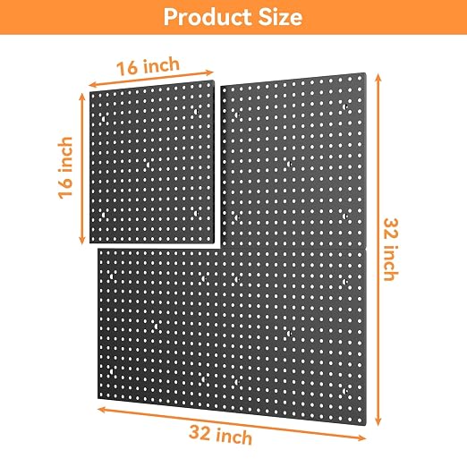 TORACK 4 PCS 16 x16 in Pegboard Panels for Wall Garage Tools Organizer Pegboard for Workbench, Modular Peg Board Tool Board(Pack of 4, Black)