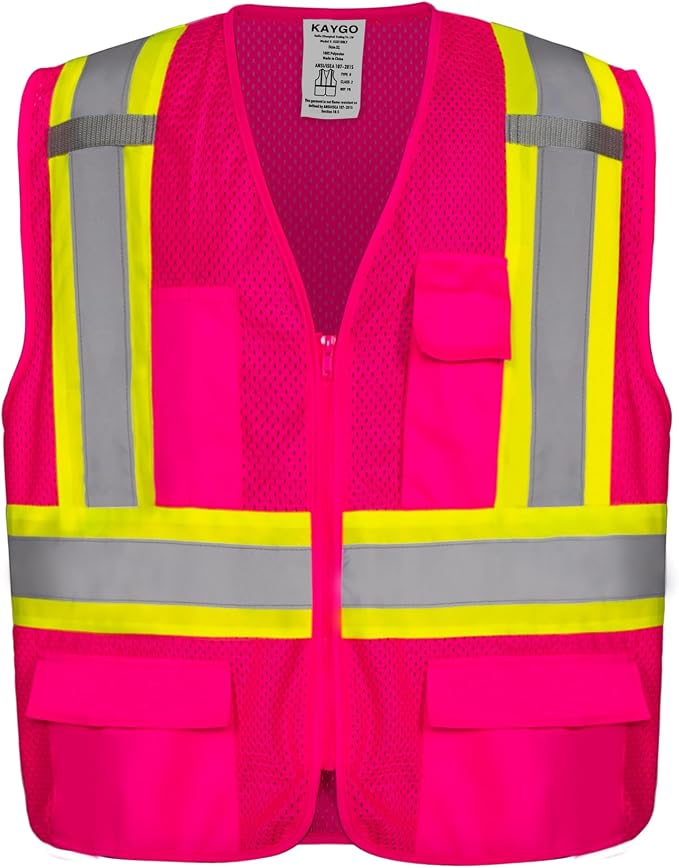 KAYGO Reflective High Vis Safety Vest with Pockets for Men and Women KG0100 | Breathable Polyester Lightweight, Two-Tone, ANSI Class 2, for Construction, Warehouse, Surveying, Cycling, Machine Washable
