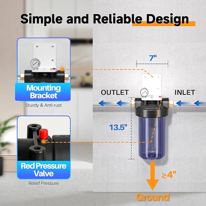 PUREPLUS Whole House Water Filter, 10"x4.5" Universal Housing, Clear, with 3 Compound Water Filters, Reduceing Chlorine, sand, rust, sediment, color, Replacement for FXHTC, GXWH40L, GXWH35F, GNWH38S