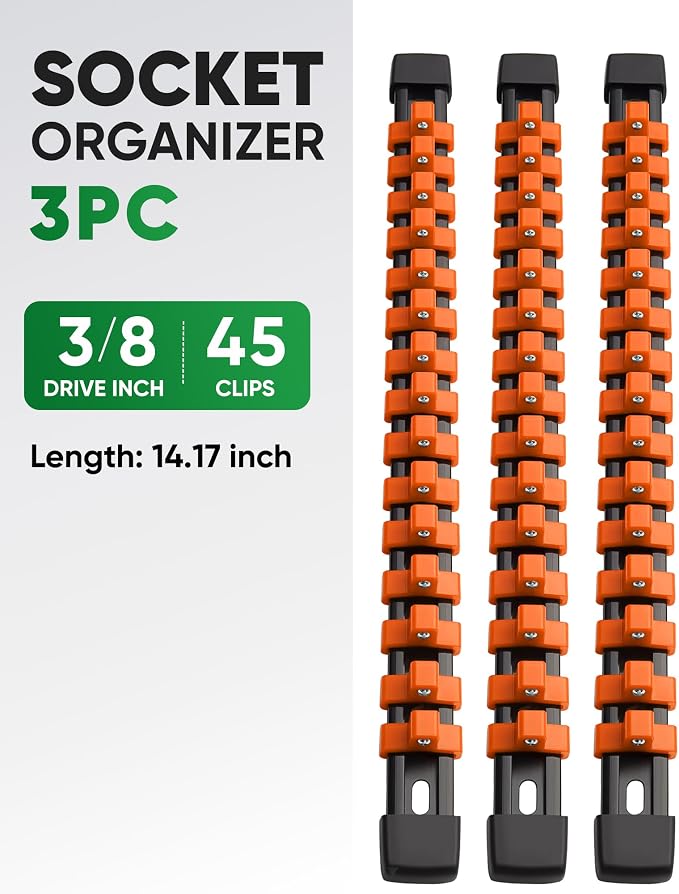 ALOANES 3PC ABS Socket Organizer, Socket Rails Fit 3/8 inch Drive | Portable Heavy Duty Socket Holders Hold up 45 Sockets for Toolbox Drawer Bags(Orange)
