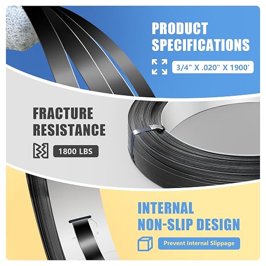 3/4" x .020" x 1900' Black Steel Strapping Coil with Steel Roll's Core Painted and Waxed Metal Band for Pallet Banding(1800 lbs Break Strength)