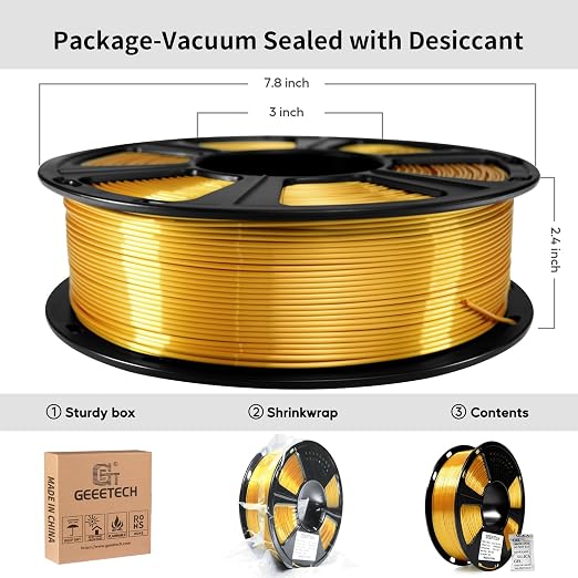 Geeetech Silk PLA Filament 1.75mm for 3D Printer, Metal-Like Shiny Consumables 1kg (2.2lbs) 1 Spool, Dimensional Accuracy +/- 0.02 mm, Metallic Gold Silk Filament
