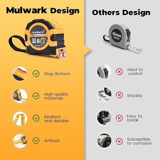 MulWark 26ft Metric Tape Measure, Double Secure Blade Lock Tape Measure Retractable with Stop Button, Both-Side Metal Blade, Magnetic Hook for Construction, Carpenter, Architect, Woodworking