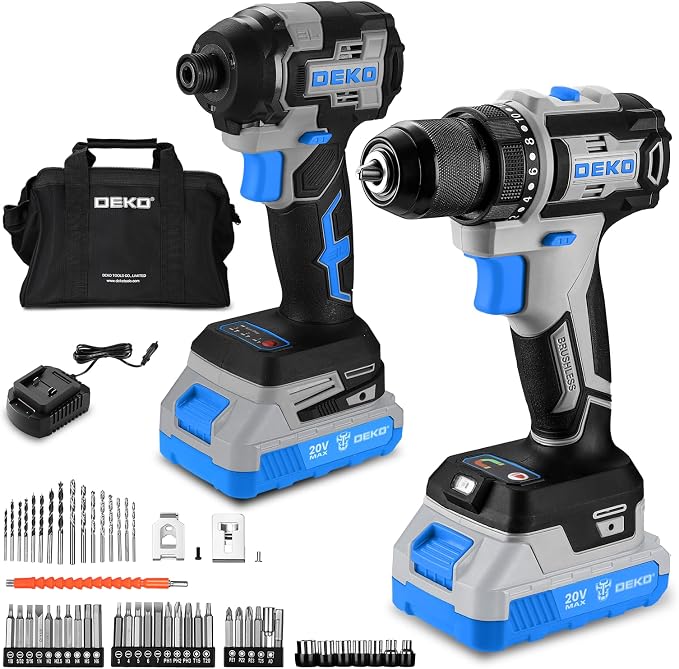 Cordless Drill & Impact Driver: DEKOPRO 20V Brushless Power Drill and 20V Brushless Impact Driver Set, Power Tool Set with 2 x 2.0Ah Batteries, Charger, Bag& 52 x Accessories-Blue