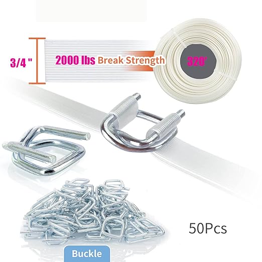 Heavy Duty Hand Pallet Strapping Banding Kit - 3/4" x 320' Woven Cord Strapping, 2000 lbs Break Strength, Polyester Cord Strapping Tensioner, 50pcs Reusable Buckles, Strapping Kit for Packing