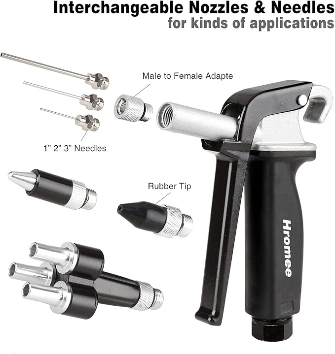 Hromee 12 Pieces High Flow Air Blow Gun Kit with Safe Quiet Xtreme Nozzles Rubber Tip 6/12 Inch Extension Chip Guard and Needles Duster Gun and Air Compressor Accessories