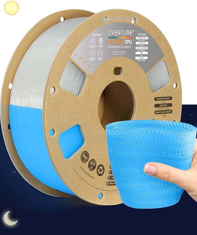 OVERTURE High Speed TPU 95A Flexible 3D Printer Filament 1.75mm | High Elasticity & Durability Filament,1kg Spool(2.2lbs),Fit Most FDM Printer(HS TPU Luminous Blue)