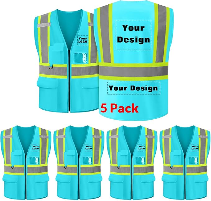 Safety Vest Customize Logo with 5 Pockets & Zipper Reflective High Visibility Vest Class 2 Outdoor Workwear