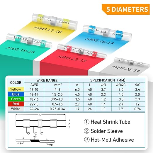 400PCS Solder Seal Wire Connectors, Heat Shrink Wire Connectors Kit, Waterproof Heat Shrink Butt Connectors for Marine Automotive Boat Truck RV Wiring, AWG 22-14, 2 Sizes