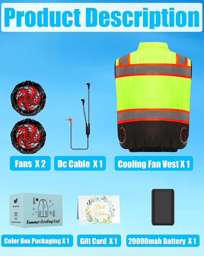 21V Safety Cooling Fan Vest for Men and Women, With Max 12000 RPM 2 Fan & Up to 16 Hours Runtime 20000mAh Battery