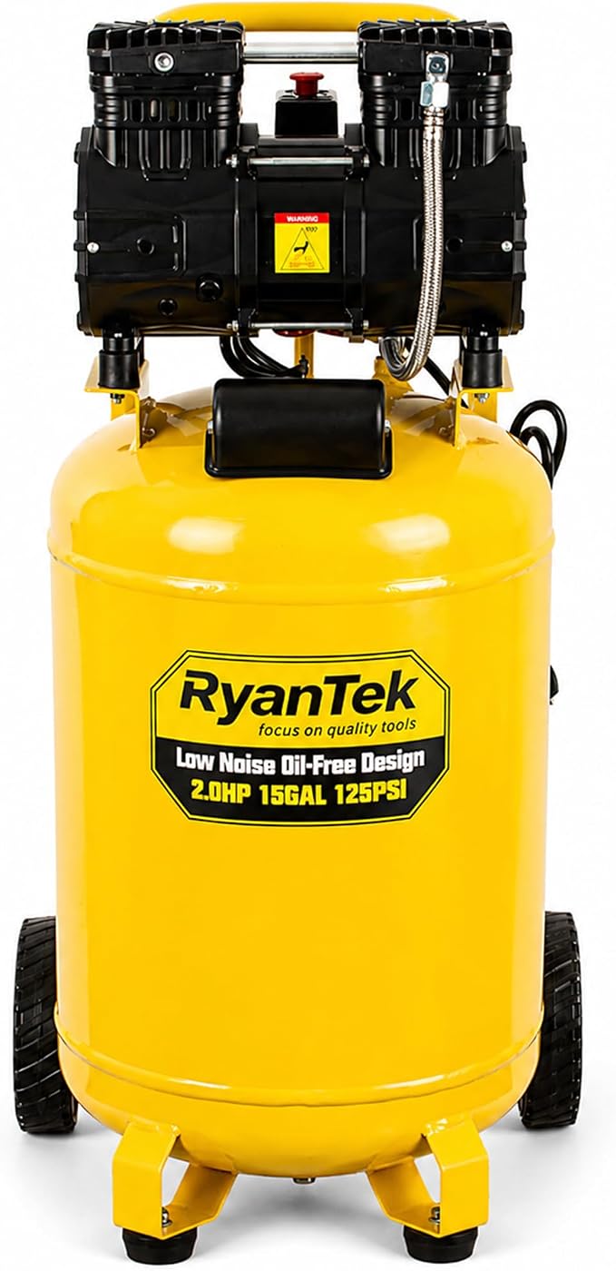 15-Gallon Air Compressor,2HP,Vertical Tank, 4.5CFM@90PSI,Quiet 66dB Twin Cylinder, Oil-Free, for Inflation, Nail Guns,Auto Repair, Painting, Woodworking and Home Use(Maximum Pressure 125 PSI)
