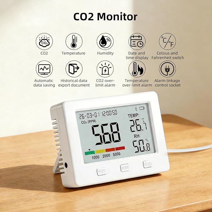 TW22 CO2 Monitor, Indoor Air Quality Meter with Temperature Humidity Monitoring, Over-Limit Prompt Control, Data Logging and USB Export for Home, Office, Room and Grow Farm