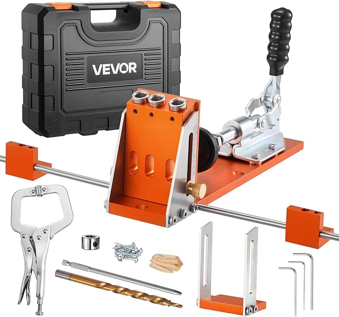 VEVOR Pocket Hole Jig Kit, 1/2 to 1-1/2 in Adjustable, Jig Pocket Hole System with Toolcase, C-Clamp, Step Drill, Hex Wrench, Drill Stop Ring, Square Drive Bit, Reinforced Metal Frame, for Woodworking