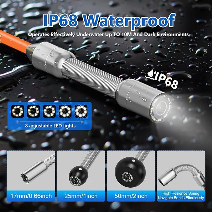 Sewer Camera 100ft/30m, 17mm Plumbing Snake Borescope with 8pcs LEDs Light, 4.3" Screen 1000TVL Pipe Inspection Camera with 8500mAh Battery Without Recorder