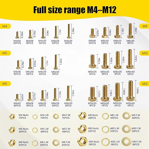 1075 Pcs Metric Bolts and Nuts Assortment Kit – Grade 8.8 | M4 M5 M6 M8 M10 M12 Hex Head Yellow Zinc Bolt Set with Nuts & Washers | 12-40mm Length with Heavy Duty Double-Sided Organizer