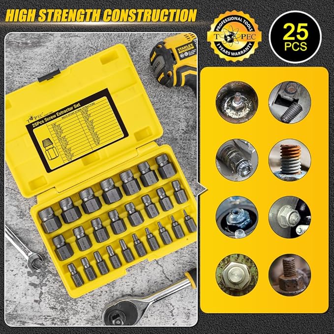 Topec 25Pcs-Double Head Screw Extractor Set, Newest Version 3/8” Drive 2-in-1 Functional Easy Out Bolt Extractor Set, Premium CR-MO Steel Rounded Bolt Remover