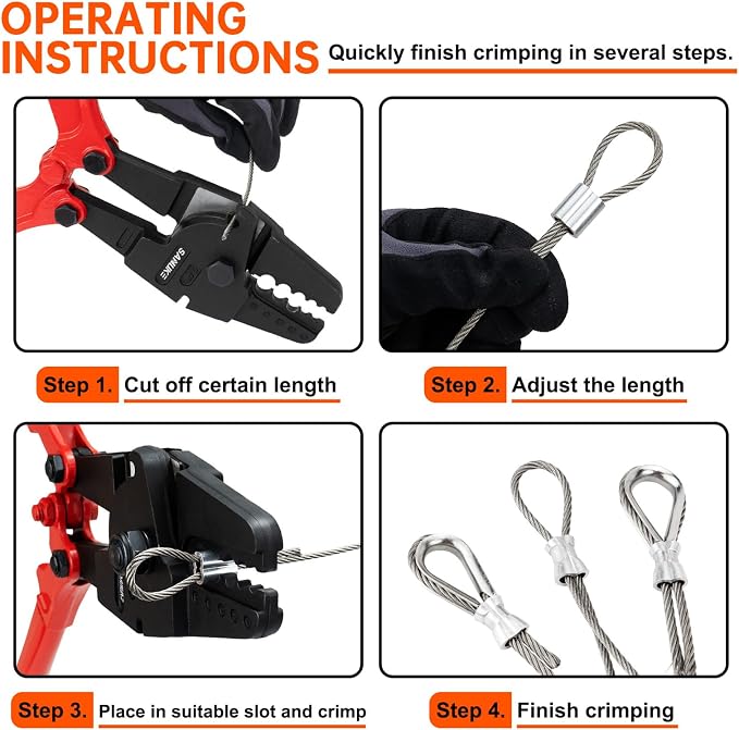 Sanuke 24 Inch Hand Swaging Tool, Wire Rope Crimping Tool 5 Cavity 1/16" 3/32" 1/8" 5/32" 3/16", Crimping and Cutting Combo Cable Crimper, Hand Swager Tool