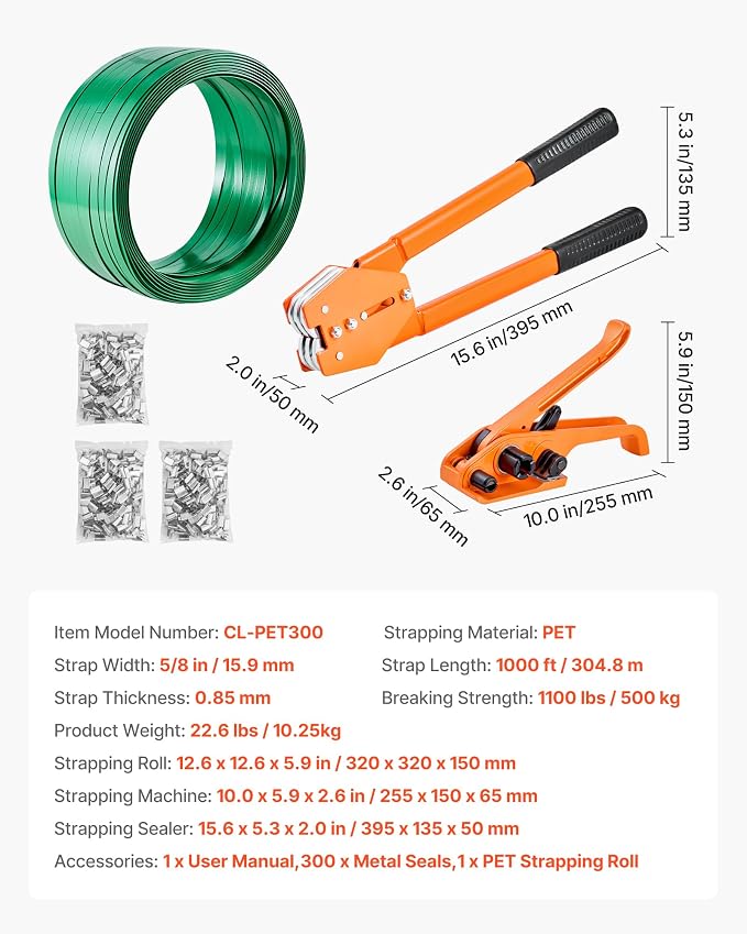 VEVOR Banding Strapping Kit, Heavy Duty Banding Sealer Tool with 1000 ft Length PET Band, 300 Metal Seals, Plastic Manual Pallet Packaging Strapping Kit for Warehouse/Shipping/Moving/Home, Orange