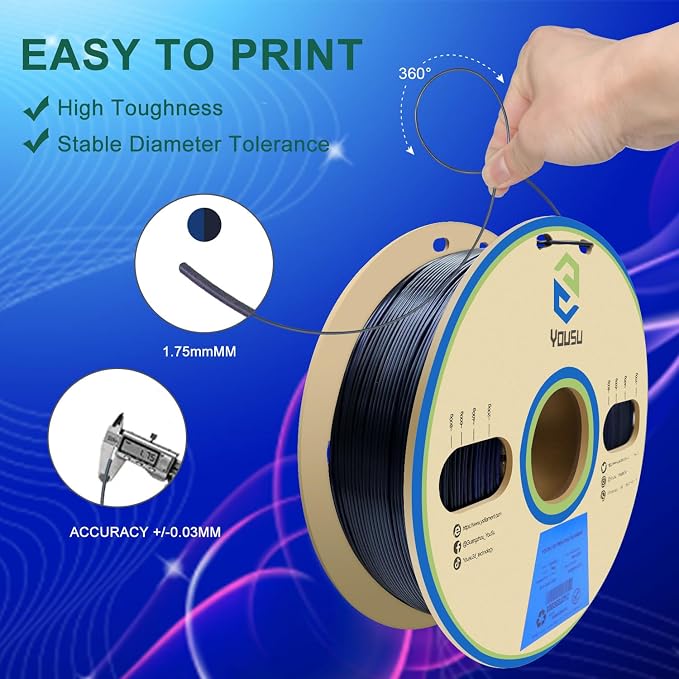 YOUSU PLA Filament 1.75mm, 3D Printer Filament Silk Black Blue Color Changing Filament 3D Printing Gradient Filament 1.75 +/-0.02mm, 1kg.