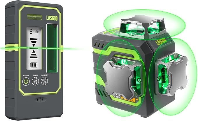 LasGoo LG-3DM Green Beam Laser Level, Self-Leveling 3x360° Cross Line Laser for Construction and Picture Hanging,LasGoo LG-REC03 Laser Detector for Laser Level