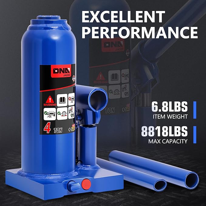 DNA Motoring 4 tons / 8818 lbs Lifting Automotive Welded Hydraulic Bottle Jack for Repair Vehicle, Pickup, Truck, w/Manual Handle, Blue,TOOLS-00353