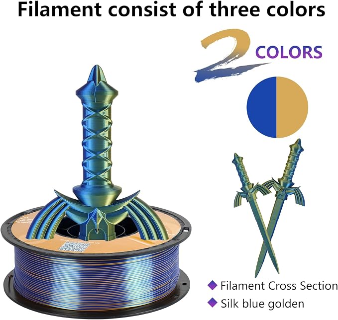 Kingroon PLA Filament, Multicolor Silk PLA Filament, Tri Color 3D Printer Filament, 1.75 mm, Dimensional Accuracy +/- 0.03 mm, 1kg Spool(2.2lbs), Blue Gold