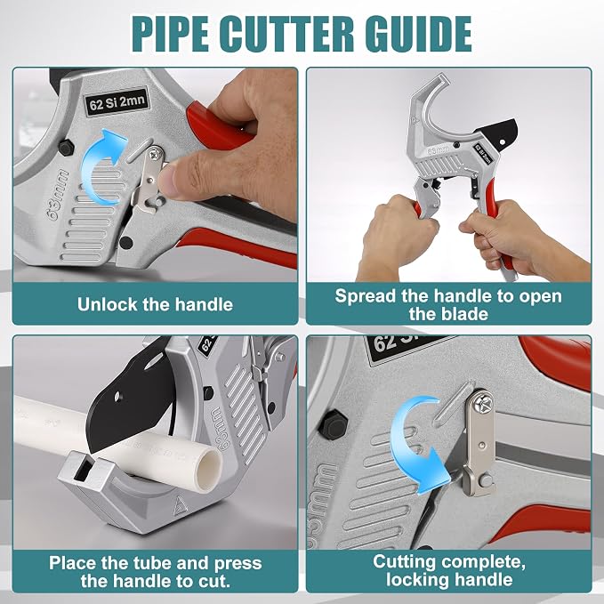 PVC Pipe Cutter 2.5 inch, Heavy Duty Pipe Cutter Tool with Aluminum Body, Manganese Steel Blades, Ergonomic Non Slip Handle and Safety Latchs for Cutting PVC, PPR, and PE Pipes