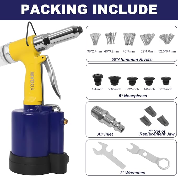 Air Rivet Gun Heavy Duty, 3924 LBF Pneumatic Pop Rivet Gun Kit with 50 PCS Rivets,5 Nosepieces(3/32",1/8", 5/32",3/16",1/4"), Air Hydraulic Riveter for Automotive, Construction, Industrial,Boat Repair