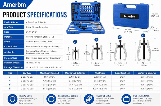 4-Piece Gear Puller Set, Heavy Duty 2 and 3 Legged Hub Pulley Puller Bearing Separator Kit (3" 4" 6" 8") for Removing Flywheels, Sprockets, Ball Races and Gears - Pro Mechanical Removal Tools