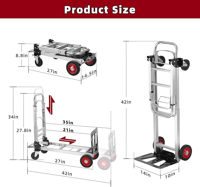 Aluminum 3-in-1 Folding Hand Truck, 500Lbs Heavy Duty Dolly Cart with 2 Large 6-Inch Quiet Rubber Wheels, 2 360° Swivel Wheels, 2 Bungee Cords, Portable Dolly for Home, Office, Warehouse, Packages