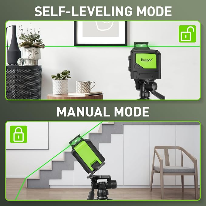 Huepar 901CG Green Laser Level with TPD14 56" Adjustable Laser Level Tripod, Alignment Self-Leveling Cross Line Laser Tool with 360-Degree Horizontal Line, Extendable Tripod with 3-Way Swivel Pan Head