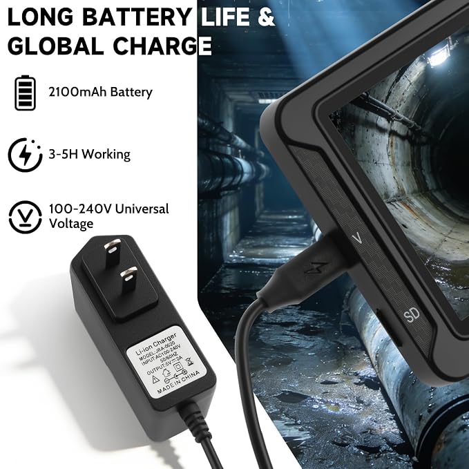 Sewer Camera, Sewer Inspection Camera, 5" IPS HD Drain Camera with 8 Lights, IP68, 32GB, DVR, FOV145°, Microphone & Speaker, for Pipe, Home Duct, Plumbing - 66FT (30M/100FT)