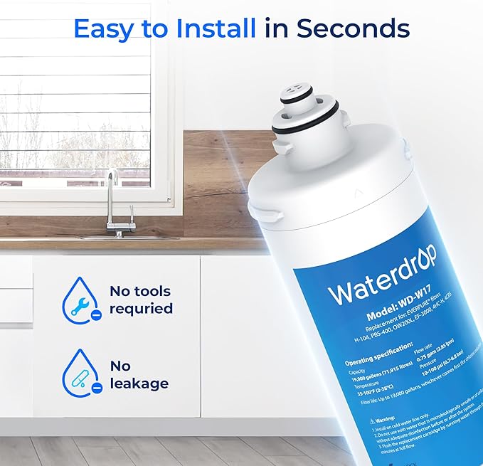 Waterdrop H-104 Under Sink Water Filter, Replacement for Everpure H-104, EV961211, EF-3000, PBS-400, OW200L, 6TO-BW, MR-100, MR-225, EV9262-71, EF9857-00, NSF/ANSI 42 Certified, 19000 Gallons
