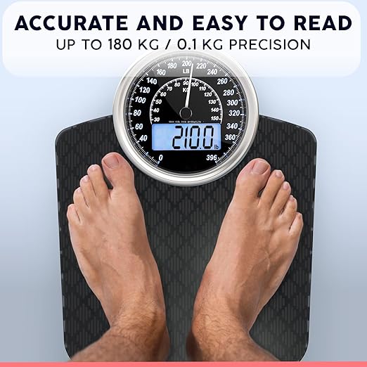 Hybrid Bathroom Scale - Analog & Digital Display, Accurate to 400 lbs | See weight on both an analog dial and digital LCD at once. Wide glass platform, accurate to 0.2 lbs, batteries included.