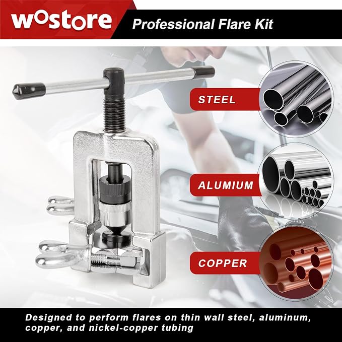 Wostore 25 FT 3/16" Brake Line Flare with 24 Brass Fittings & Double/Single Flaring Tool Kit for Single, Double (SAE) Flares & Bubble (ISO) Flares with Tubing Cutter Pipe Reamer for 3/16-5/8" 7 Sizes