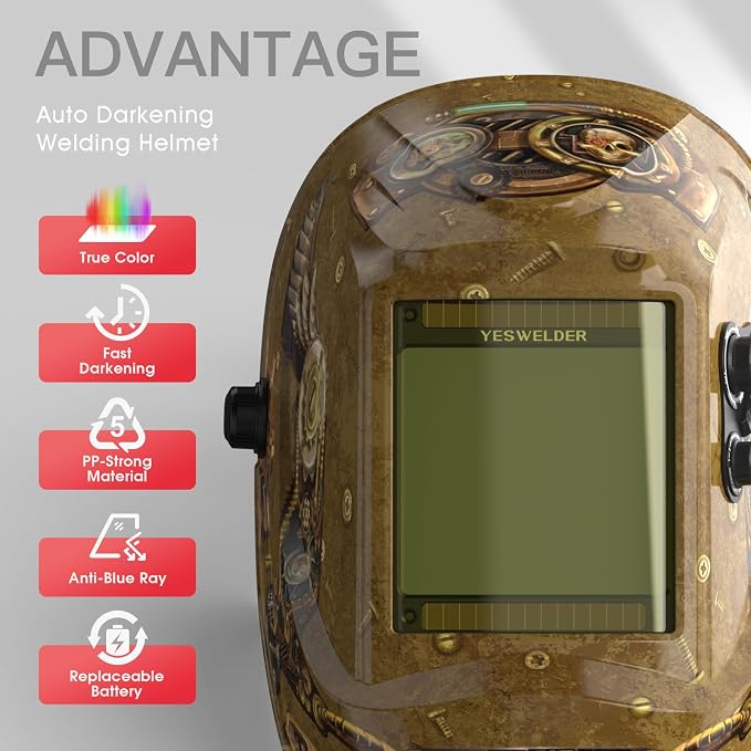YESWELDER Stick Welder 125Amp Large LED Display Digital 110V ARC Welder & Large Viewing Screen 3.93"X3.66" True Color Solar Power Auto Darkening Welding Helmet, 4 Arc Sensors Welder Mask