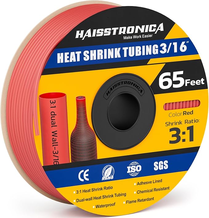 haisstronica 3:1 Heat Shrink Tubing, Shrink Ratio Adhesive Lined Marine Grade Heat Shrink Tube for Home, Automotive and Industrial (Red) 65FT 3/16inch